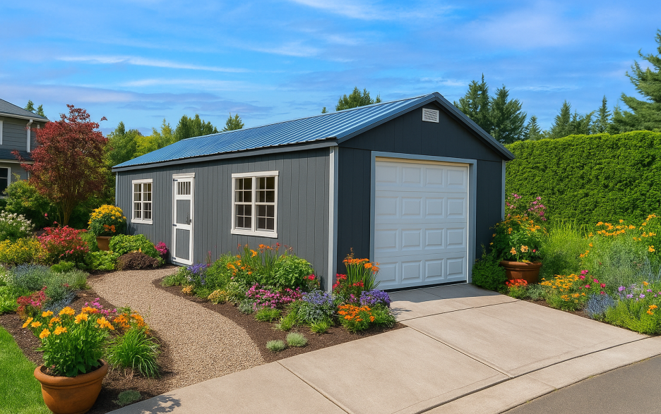 Compass Garage with light gray trim and white garage door.