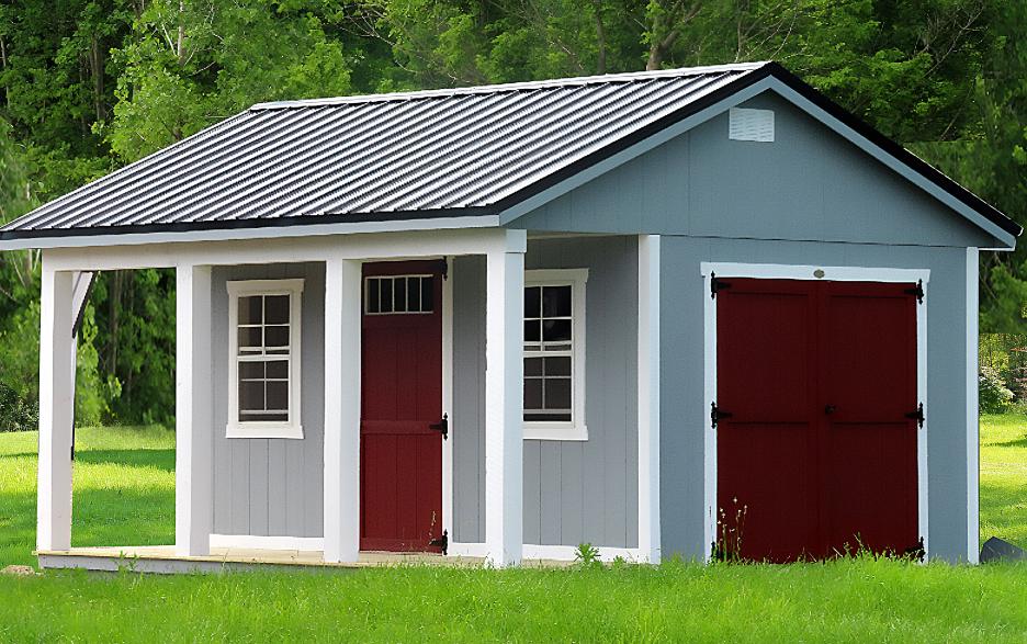 Signature Appalachian Cabin: cape cod gray LP barn siding with jamestown red doors, barn white trim and shiny black roofing