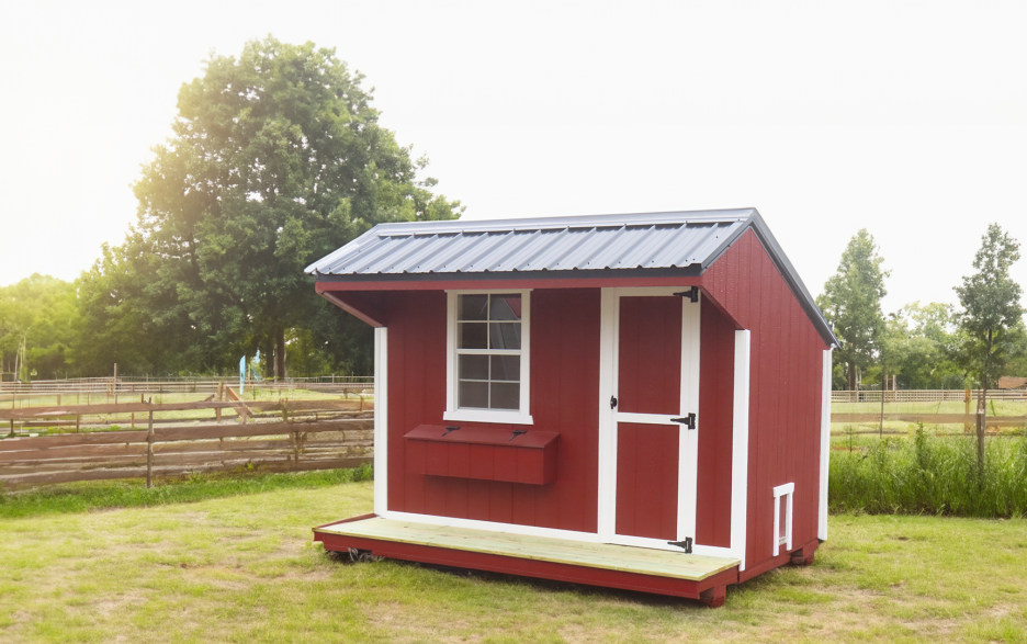 Chicken Coop: Jamestown Red LP barn siding, barn white trim, and shiny black roof