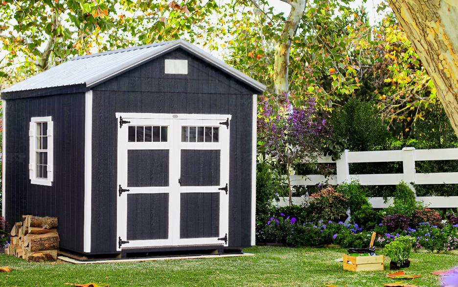 Compass Big Sky: black LP barn siding with black double doors, barn white trim and galvalume roofing.