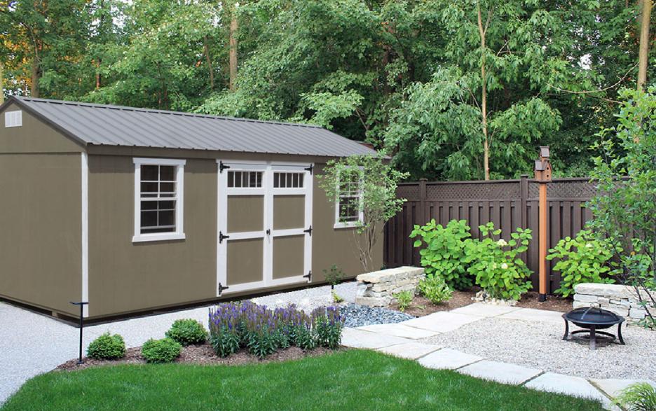 Compass Garden Shed: shale paint LP barn siding with shale paint double doors, barn white trim and charcoal roofing.