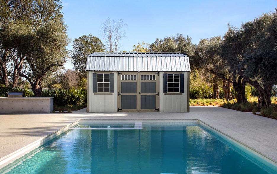 Compass High Barn: GP gray siding with dark gray double doors, clay trim and galvalume roofing