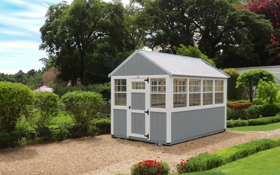 The Greenhouse: GP Gray LP barn siding with barn white trim