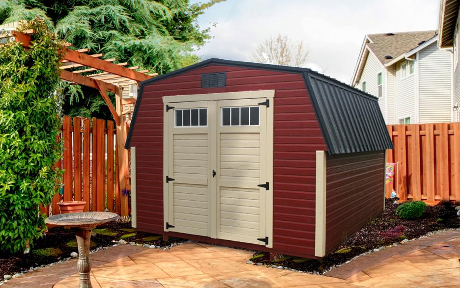 Signature Mini Barn: mountain red dutchlap siding with almond double doors, almond trim and black roofing.