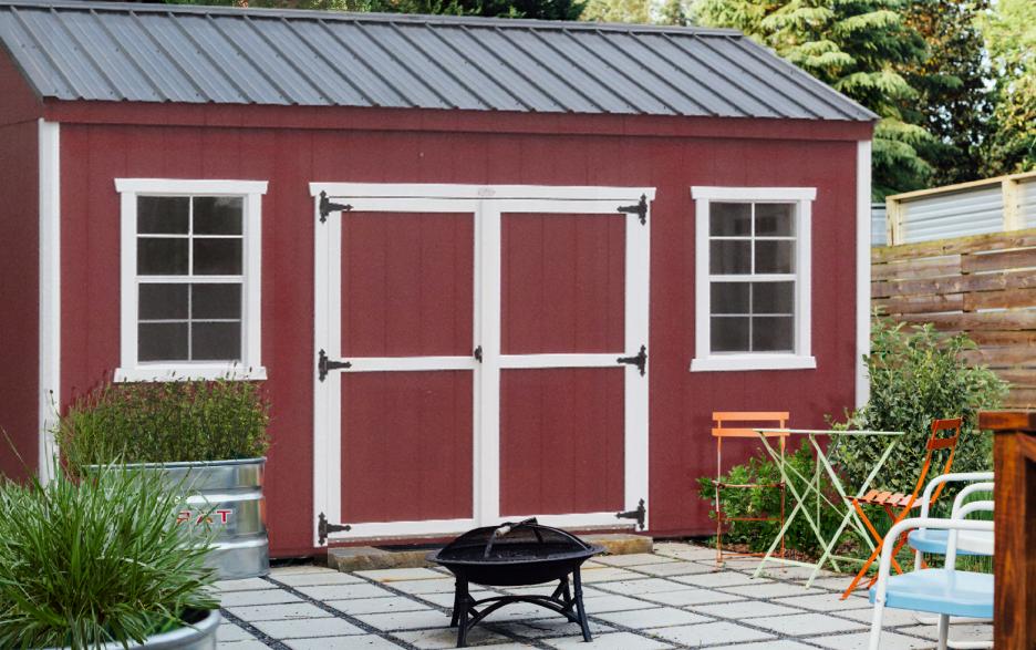 Compass Garden Shed: jamestown red LP barn siding with jamestown red double doors, barn white trim and shiny black roofing.