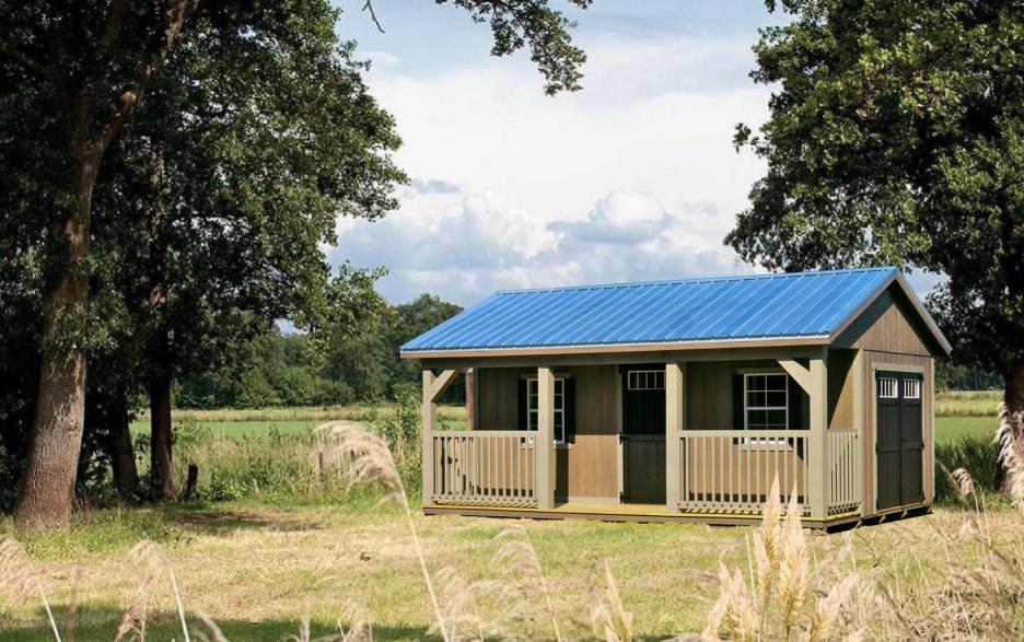 Signature Appalachian Cabin: driftwood urethane LP barn siding with black doors, clay trim and galvalume roofing