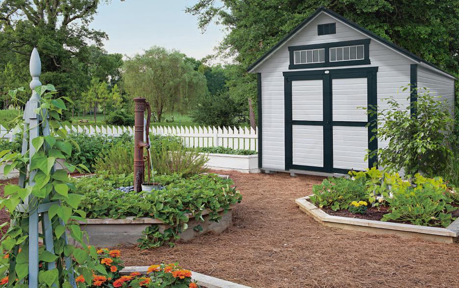 Signature Garden Shed: barn white LP dutchlap siding with barn white double doors, black trim and shiny black roofing
