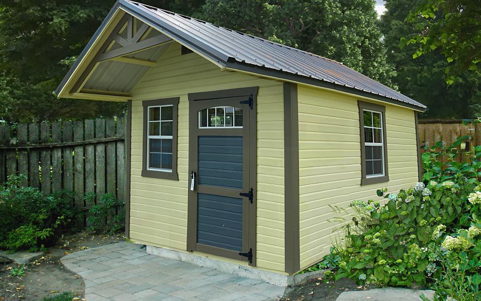 Signature Garden Shed: zook cream LP dutchlap siding with dark gray single door, shale paint trim and charcoal roofing
