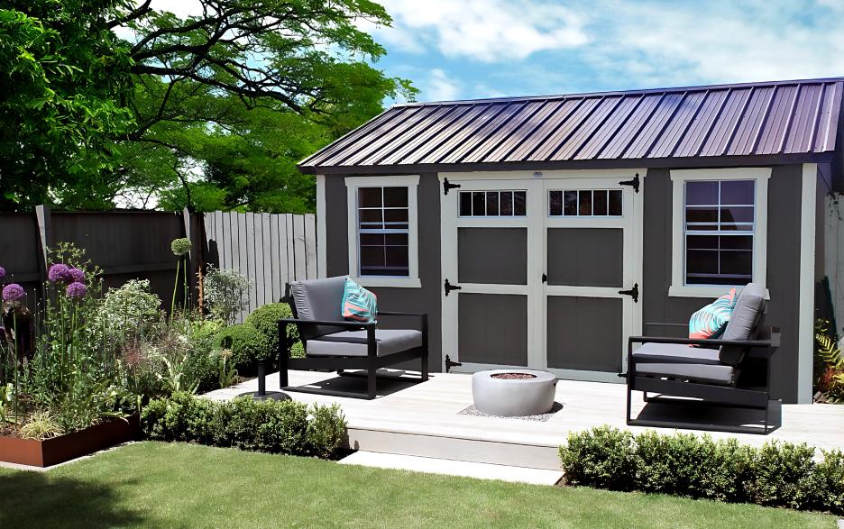 Signature Garden Shed: dark gray LP barn siding with dark gray double doors, barn white trim and burnished slate roofing
