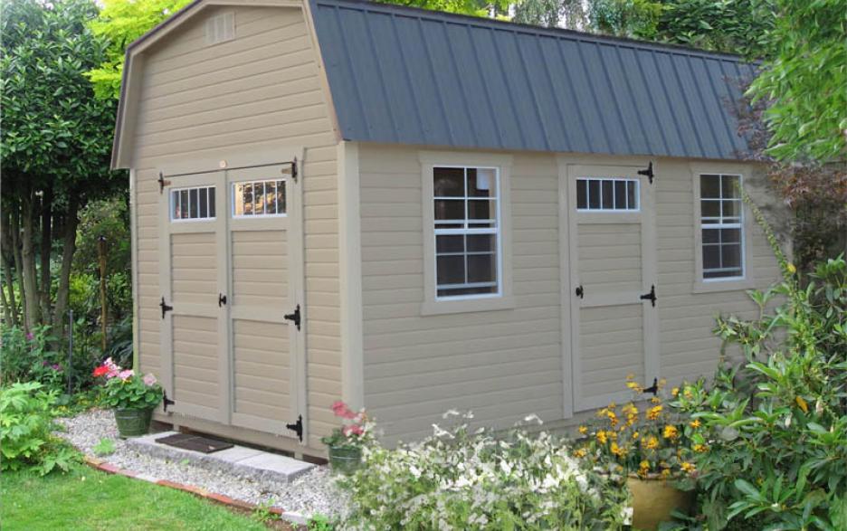 Signature High Barn: almond dutchlap siding with double doors, almond trim and burnished slate roofing