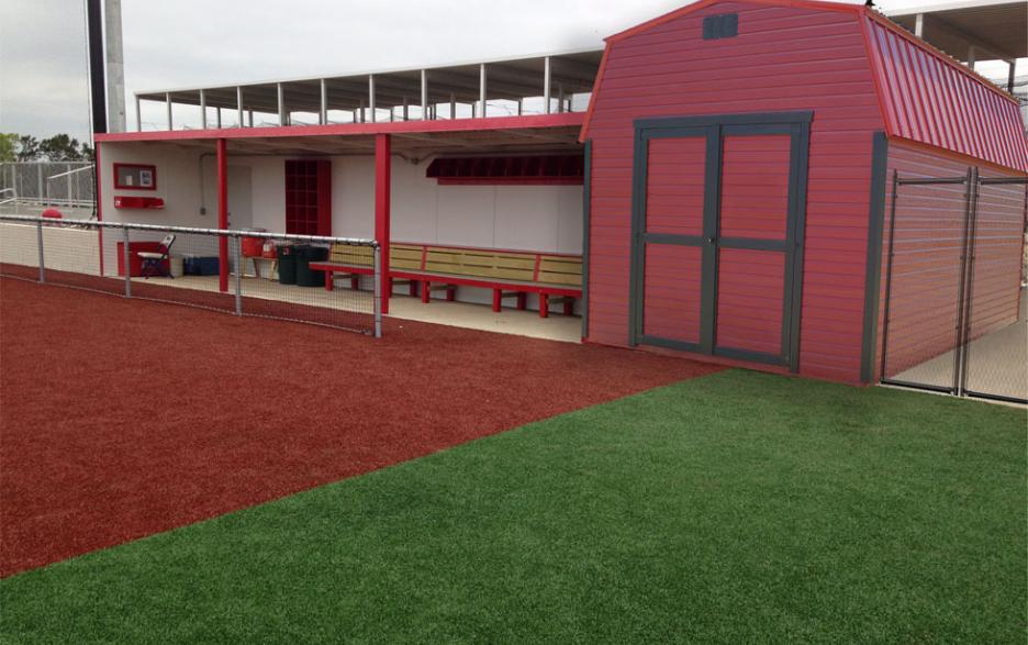 Signature High Barn: jamestown red dutchlap siding with double doors, black trim and red roofing.