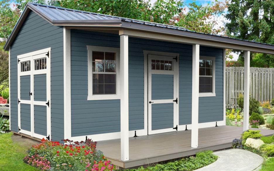 Signature Homestead: Wedgewood blue LP Lap siding, barn white trim and burnished slate metal roof