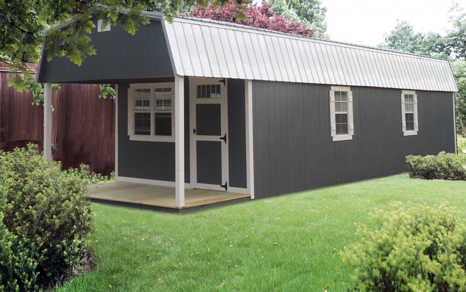 Gray Signature Lofted Cabin with White Trim and Roofing.