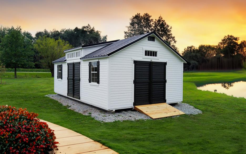 Signature Louisville: barn white LP dutchlap siding with black double doors, barn white trim & black roofing