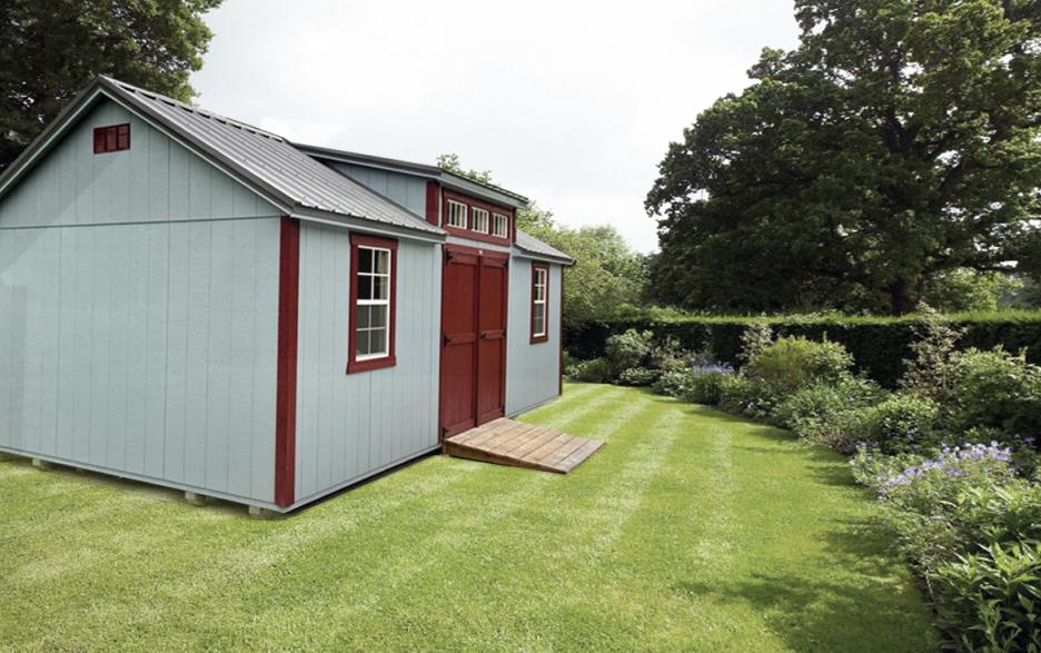 Signature Louisville: cape cod gray LP barn siding with mountain red double doors, mountain red trim & charcoal roofing