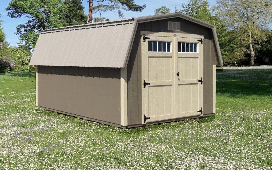 Signature Mini Barn: shale paint siding with almond double doors, almond trim, and clay roofing.