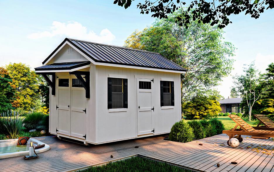 Signature Oakdale: barn white LP barn siding with barn white double doors, barn white trim & shiny black roofing