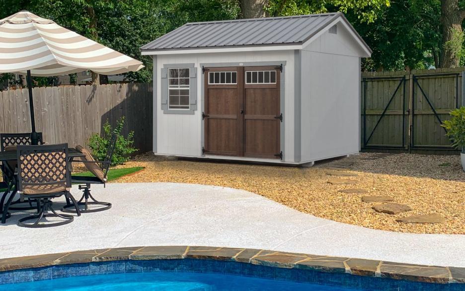 Signature Oakdale: barn white LP barn siding with chestnut brown urethane double doors, cape cod gray trim & charcoal roofing